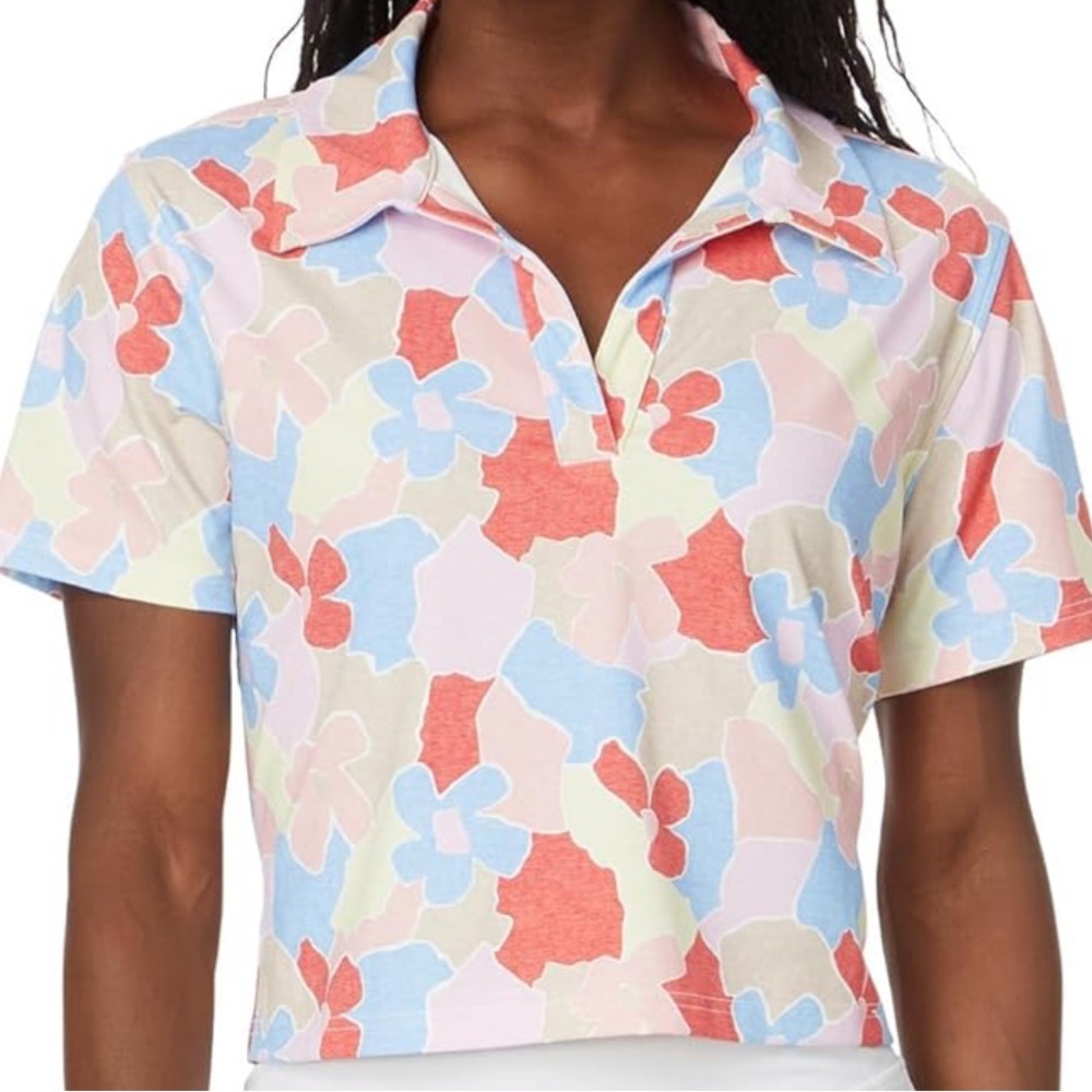TravisMathew Floral Print Short Sleeve Polo in Coral, Light Blue, Cream
